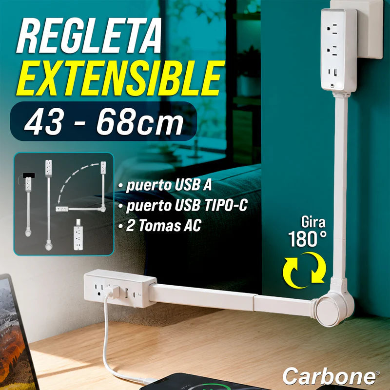 Enchufe Regleta Extensible De 43 A 68 Cm. Con Puerto USB Y Tipo-C. UN-A194
