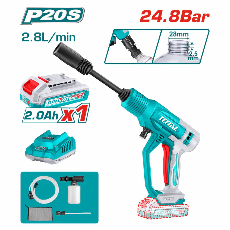 Hidrolavadora Inalámbrica 20V Portátil 24.8 Bar. Caudal 2.8L/Min. Incluye Batería Y Cargador. UTPWLI20362 TOTAL