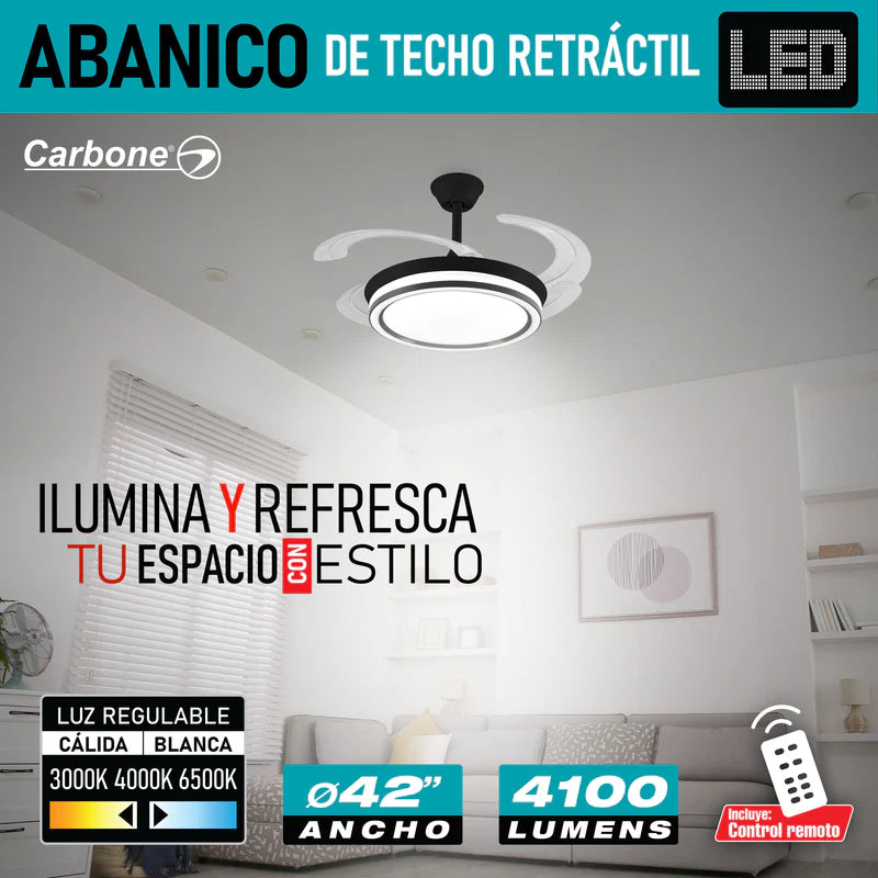 Abanico De Techo Con Lámpara. 3 Tonos De Luz. 42" Ventilador A Control Remoto. Fan 110V Color Negro AN50