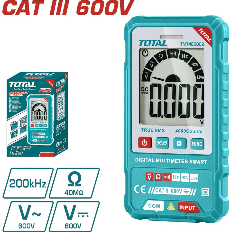 Multímetro Digital TOTAL SMART 600V Función (AC/DC Voltaje, Resistencia Y Frecuencia) TMT460002 TOTAL