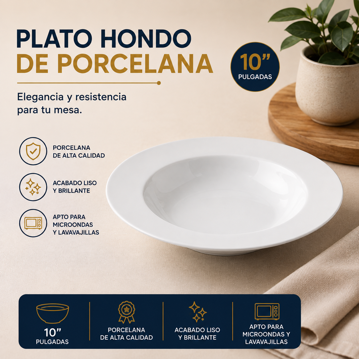 Plato Hondo de Porcelana 10" – Calidad Hotelera y para Restaurante – 705-40073