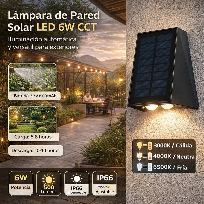 Lámpara De Pared Solar LED 6W 500Lm, 3000K ,4000K, 6500K, 160X120x85mm. Batería 3.7V/1500Mah. Luz Solar Para Exteriores. CL080-SOL-16-6W-CCT-Z Selecto
