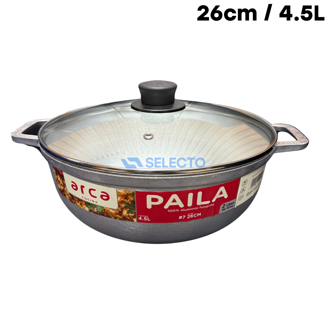 Paila de Aluminio Fundido con Tapa de Vidrio 26cm 4.5L/2.0LB #7 ARCA PAD-040226 Arca
