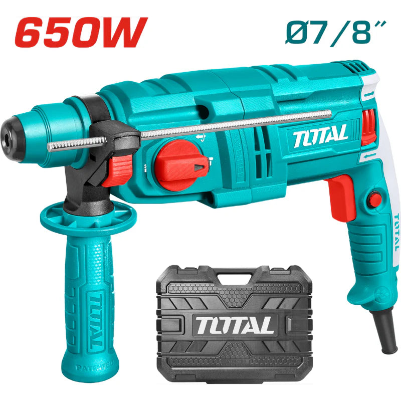 Rotomartillo Taladro 650W 5500Bpm 1700Rpm 1.7J Perfora Concreto 7/8" Incluye Brocas, Escobillas Y Maletín. Total UTH306236 TOTAL