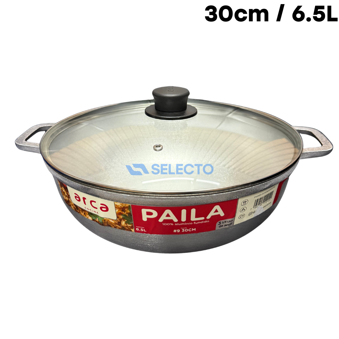Paila de Aluminio Fundido con Tapa de Vidrio 30cm 6.5L/3.75LB #9 ARCA PAD-040230 Arca