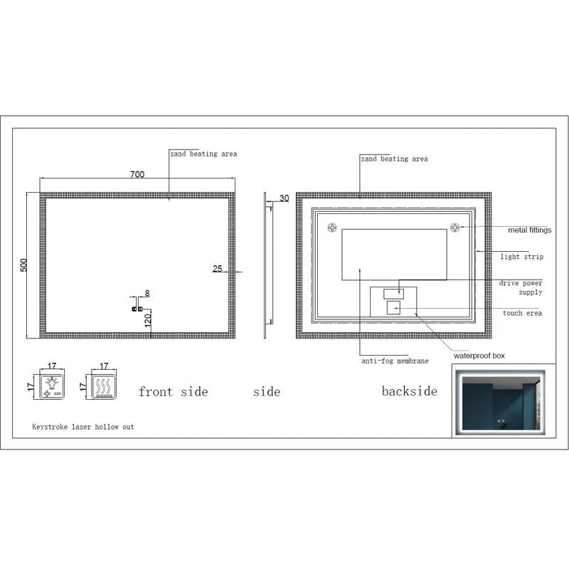 Espejo Rectangular Con Luz Led Y Sistema Antiempañante (Alto 50 Cm X Largo 70 Cm) Baño GMIRROR01 Selecto