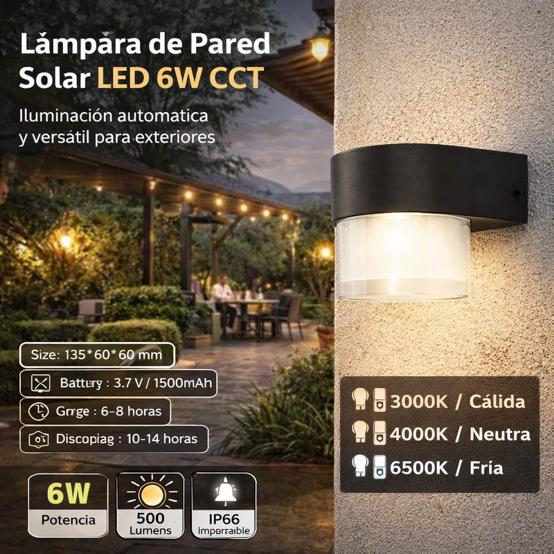 Lámpara De Pared Solar LED Minimalista 6W CCT Negra 3000K-6500K . Luminaria De Pared. CL081-SOL-13-6W-CCT-Z