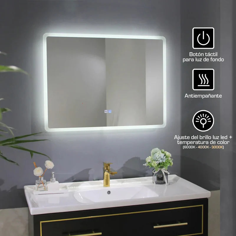 Espejo Rectangular Con Luz Led Y Sistema Antiempañante (Alto 50 Cm X Largo 70 Cm) Baño GMIRROR01 Selecto