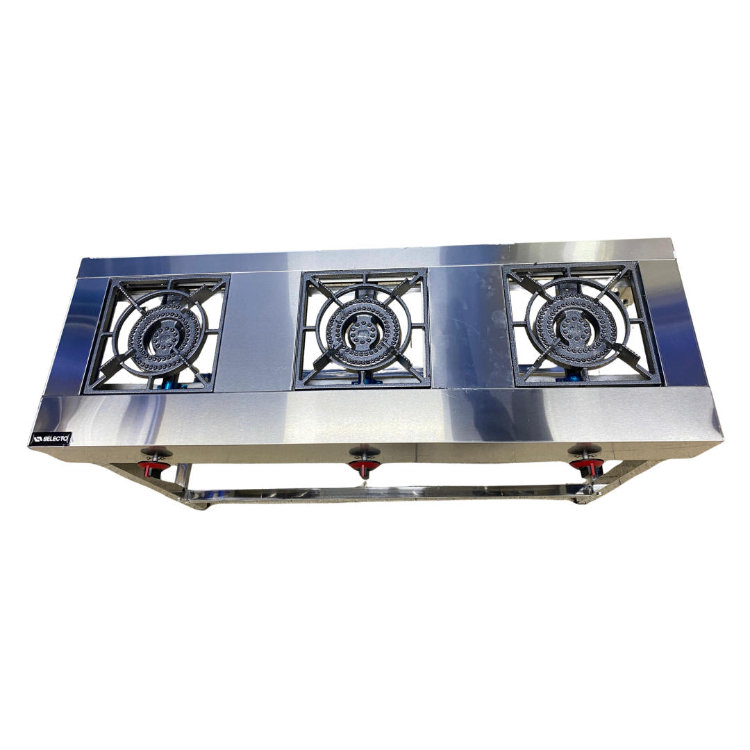 Estufa de 3 Quemadores Lineal a Gas en Acero Inoxidable con Patas 83x120x40cm ACI-300 Industrial. Selecto