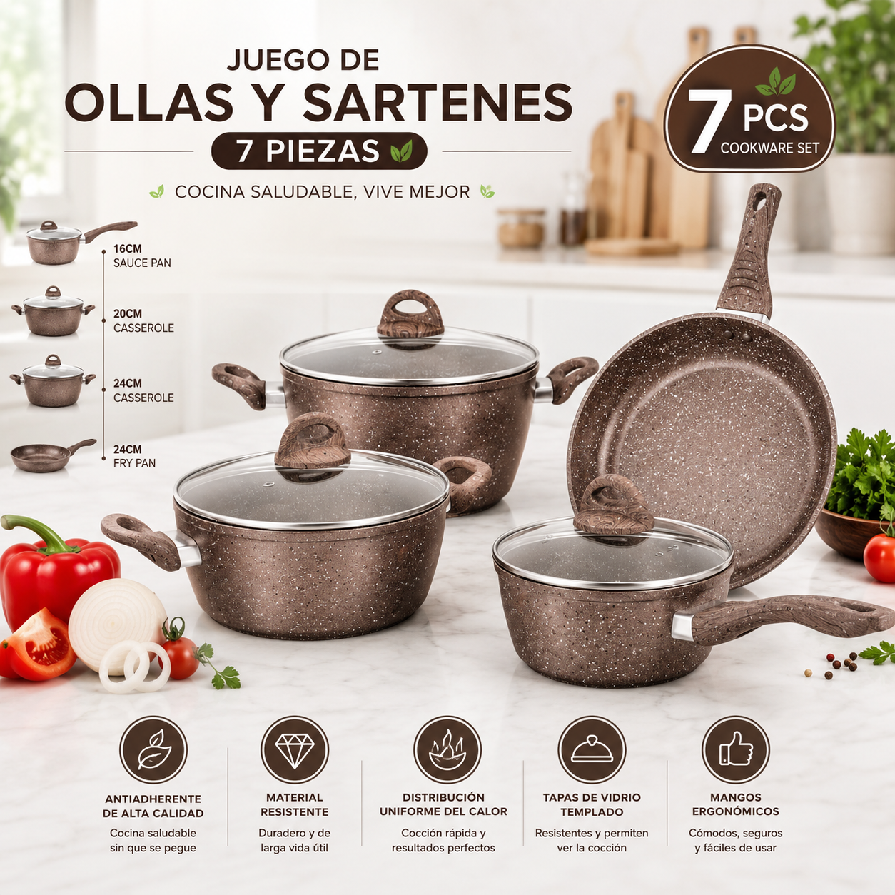 Juego de Sartenes Ollas Cacerolas con Tapas de 7 Piezas BP-2304