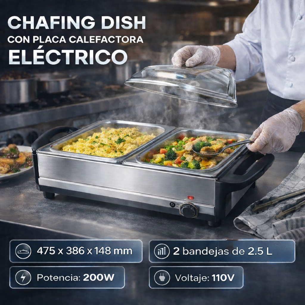 Chafing Dish con Placa Calefactora Eléctrico 2 Compartimentos HVB-200 Buffet.