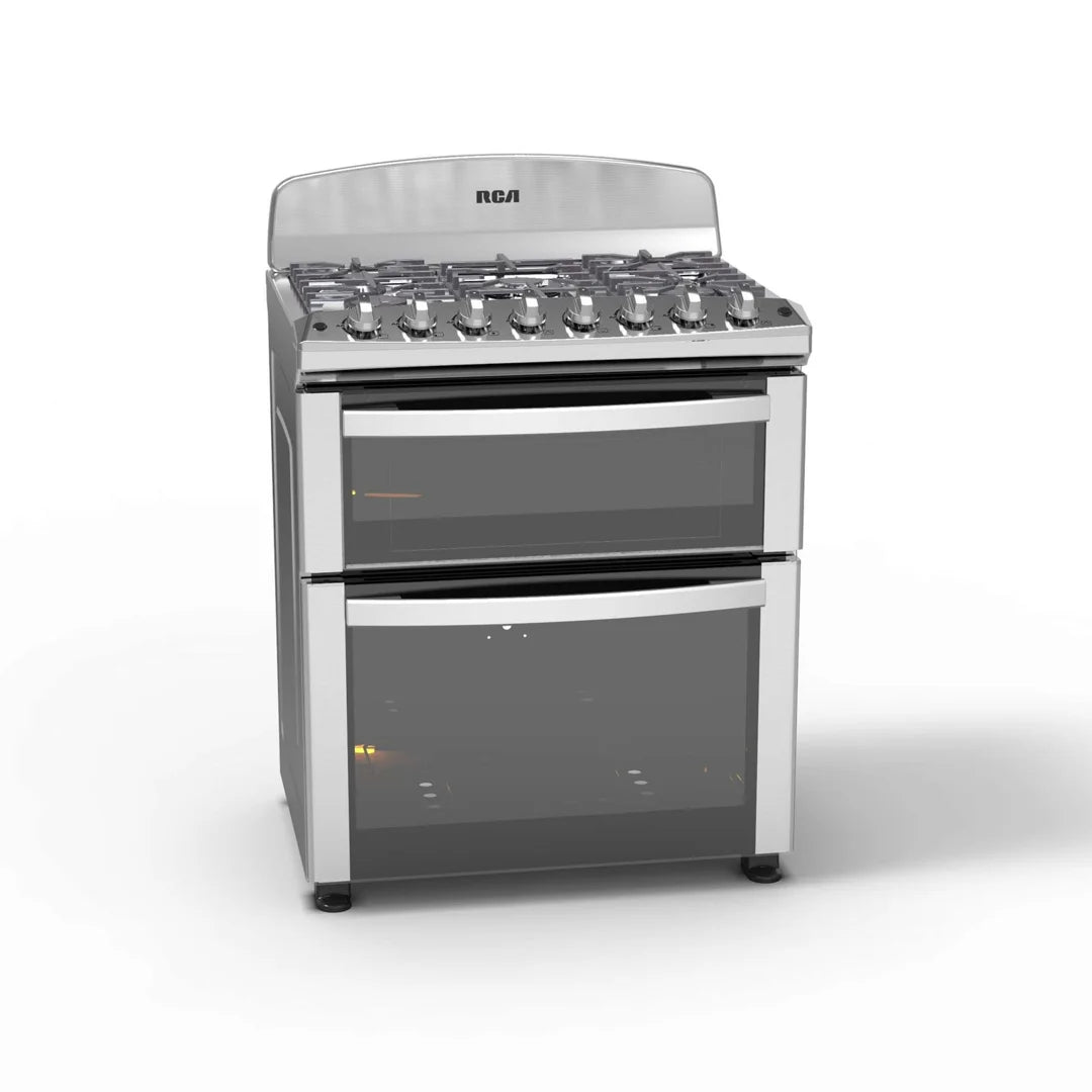 Estufa con Horno a Gas RCA RCCR7650 de 30 Pulgadas con Doble Horno, Air Fryer Integrado, 5 Quemadores y Parrillas de Hierro Fundido en Acero Inoxidable