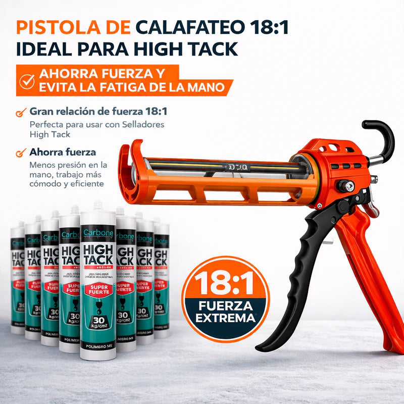 Pistola Calafateadora 9” Aluminio Y Acero Relación Empuje 18:1 Alta Presión Ahorro Esfuerzo Especial Para High Tack Evita Fatiga. UN-P102 CARBONE