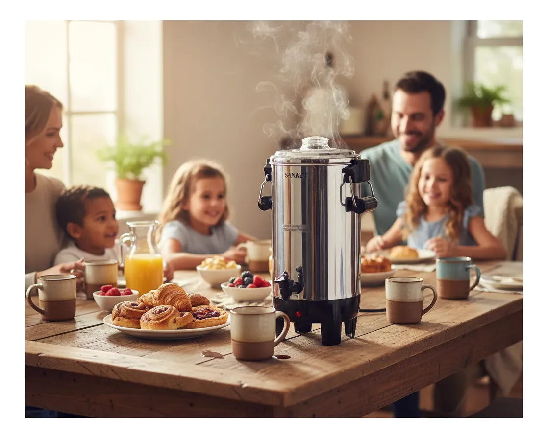 Cafetera Eléctrica Percoladora Sankey de 30 Tazas 1000W en Acero Inoxidable con Grifo Dispensador CM-3012