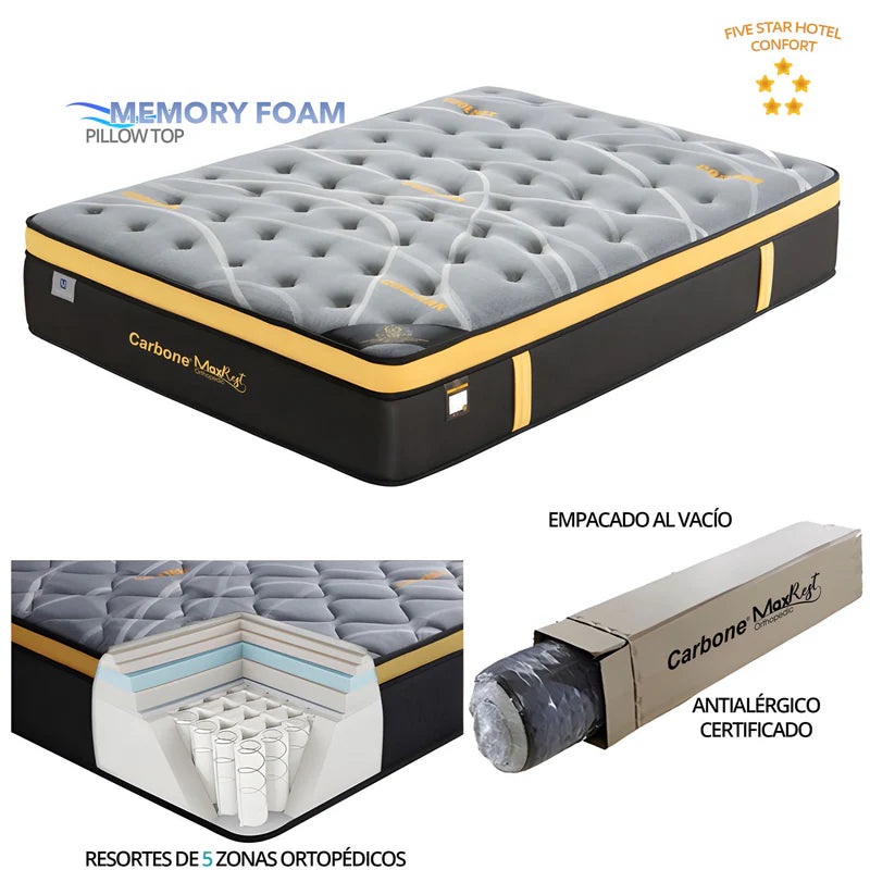 Colchones Ortopédicos Empacados Al Vacío Pillow Top Colchón Calidad Hotelera Memory Foam Con Resortes 30Cm Espesor (12") Max Rest CARBONE