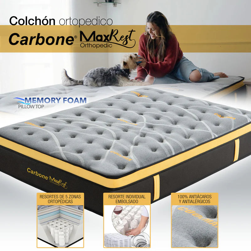 Colchones Ortopédicos Empacados Al Vacío Pillow Top Colchón Calidad Hotelera Memory Foam Con Resortes 30Cm Espesor (12") Max Rest CARBONE