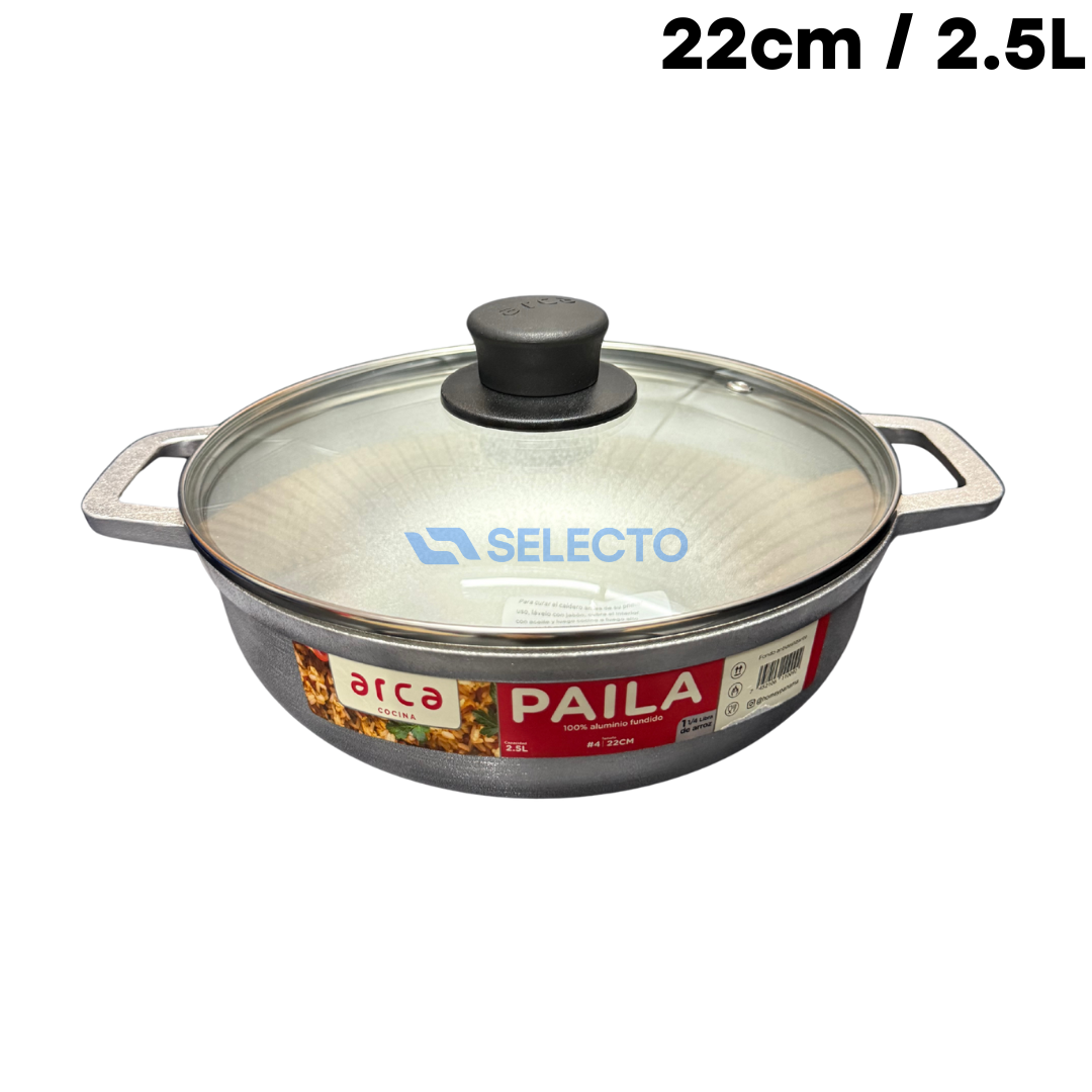 Paila de Aluminio Fundido con Tapa de Vidrio 22cm 2.5L/1.25LB #4 ARCA PAD-040222