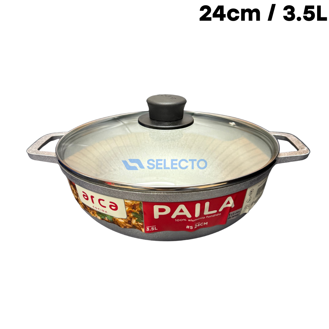 Paila de Aluminio Fundido con Tapa de Vidrio 24cm 3.5L/1.5LB #5 ARCA PAD-040224