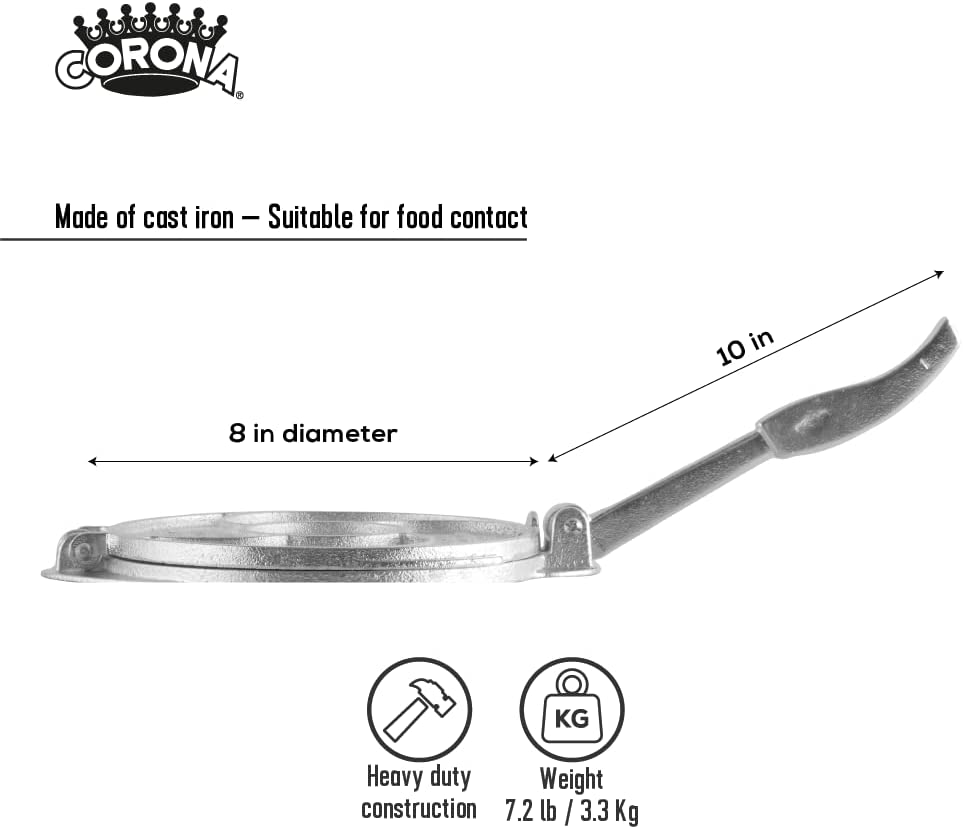 Tortillera Estañada de Hierro Fundido de 8" Corona L15115 Prensa para tortilla. Tacos.