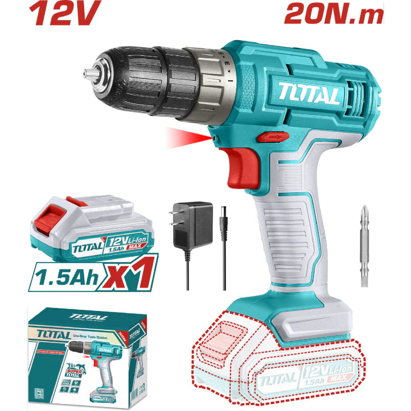 Drill Taladro Inalámbrico De 12V 3/8" 20Nm. 0-750Rpm. Torque: 15+1 Incluye Cargador Y Batería. Super Total UTDLI1218 TOTAL