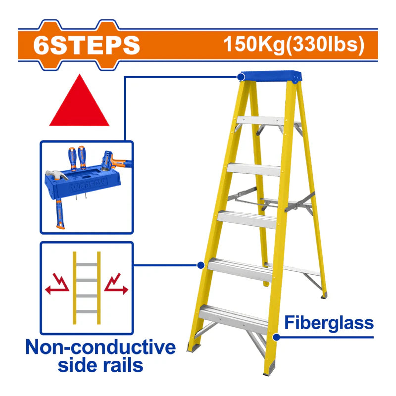 Escalera De Fibra De Vidrio 6 Escalones. Altura De Paso: 280Mm. Carga Máxima: 150Kg. De Tijera Wadfow WLD0906 WADFOW