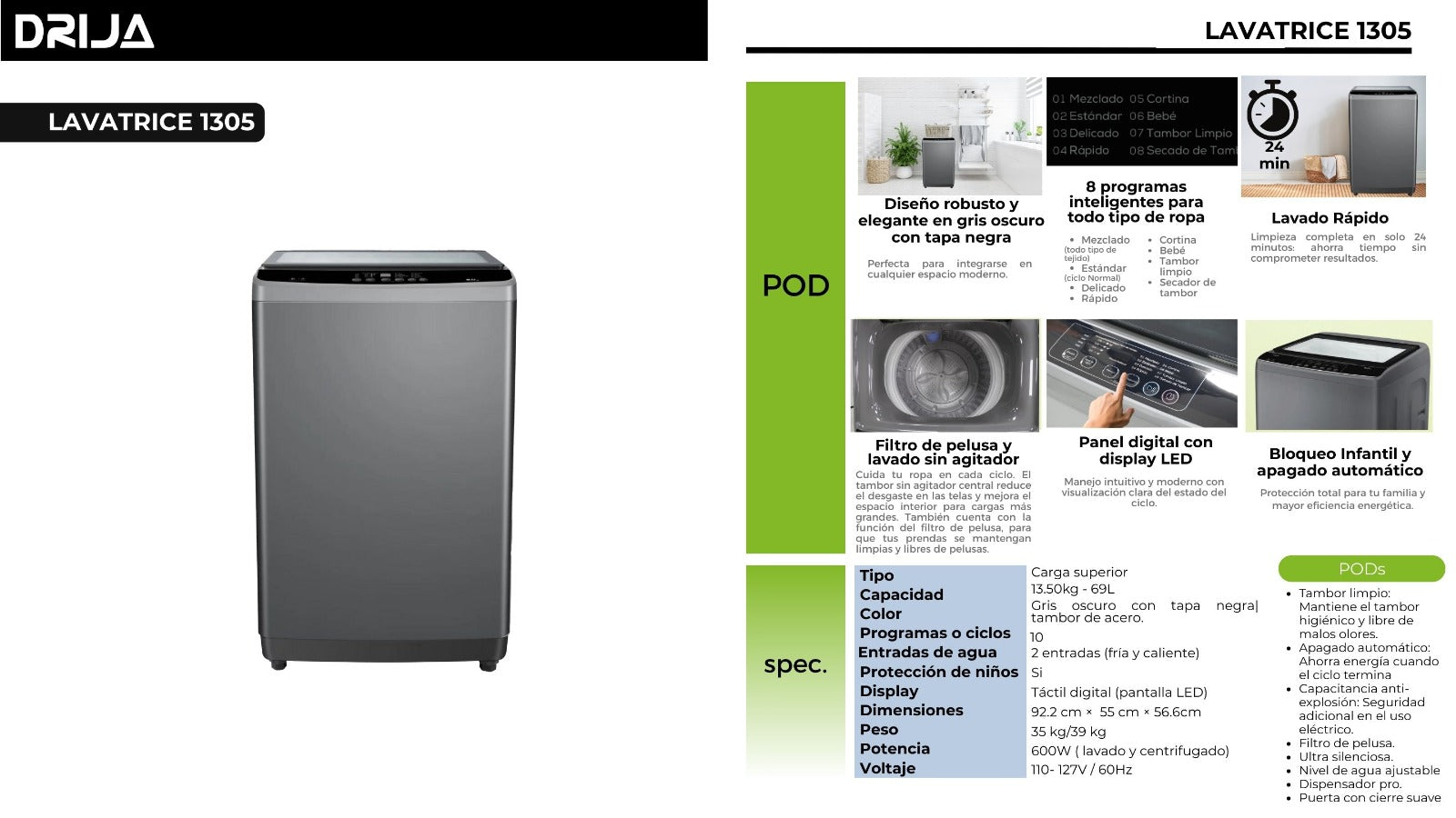 Lavadora Automática de 13.5kg/69L Drija Lavatrice 1305 DRIJA