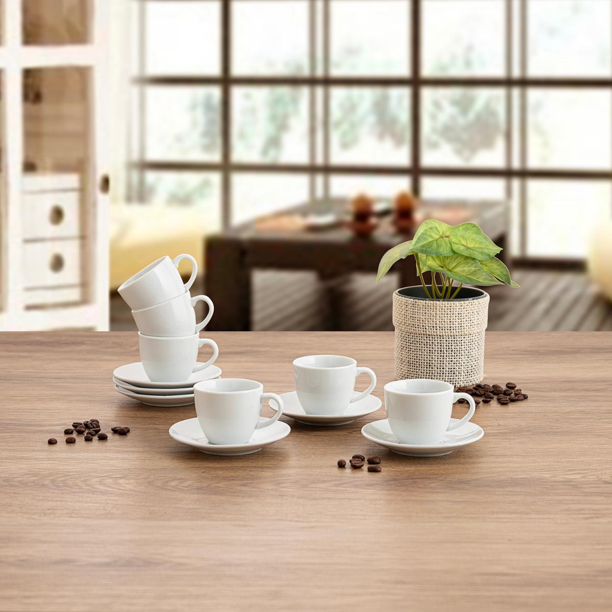 Set 6 Tazas con Platos de Porcelana Blanca para Shot de Café Expresso 90ml 88727 Espresso.