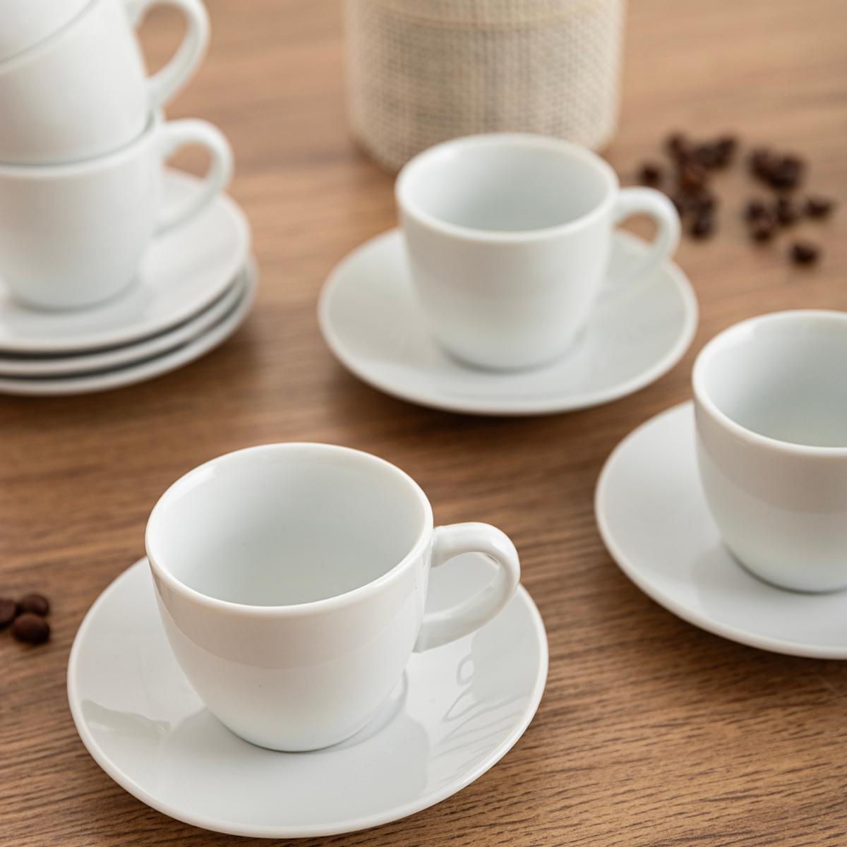 Set 6 Tazas con Platos de Porcelana Blanca para Shot de Café Expresso 90ml 88727 Espresso.