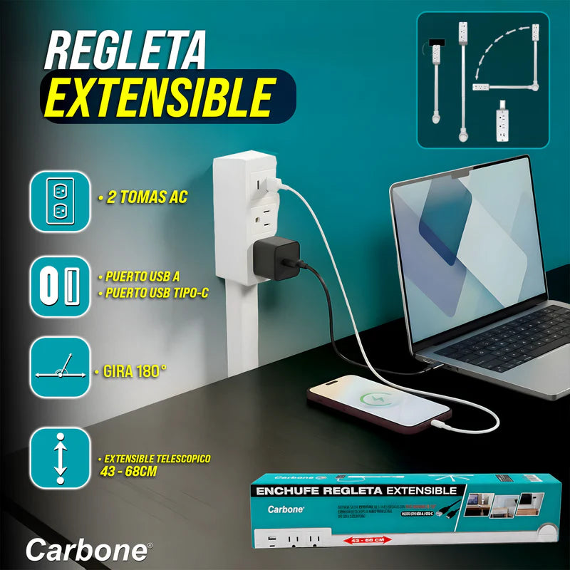 Enchufe Regleta Extensible De 43 A 68 Cm. Con Puerto USB Y Tipo-C. UN-A194