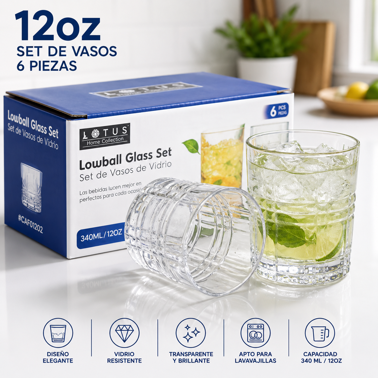 (LLEGANDO 3 DE JULIO) Set de 6 Vasos de Vidrio Lotus 12oz (340 ml) | Vasos para Agua, Jugos y Whisky LHC-B100912