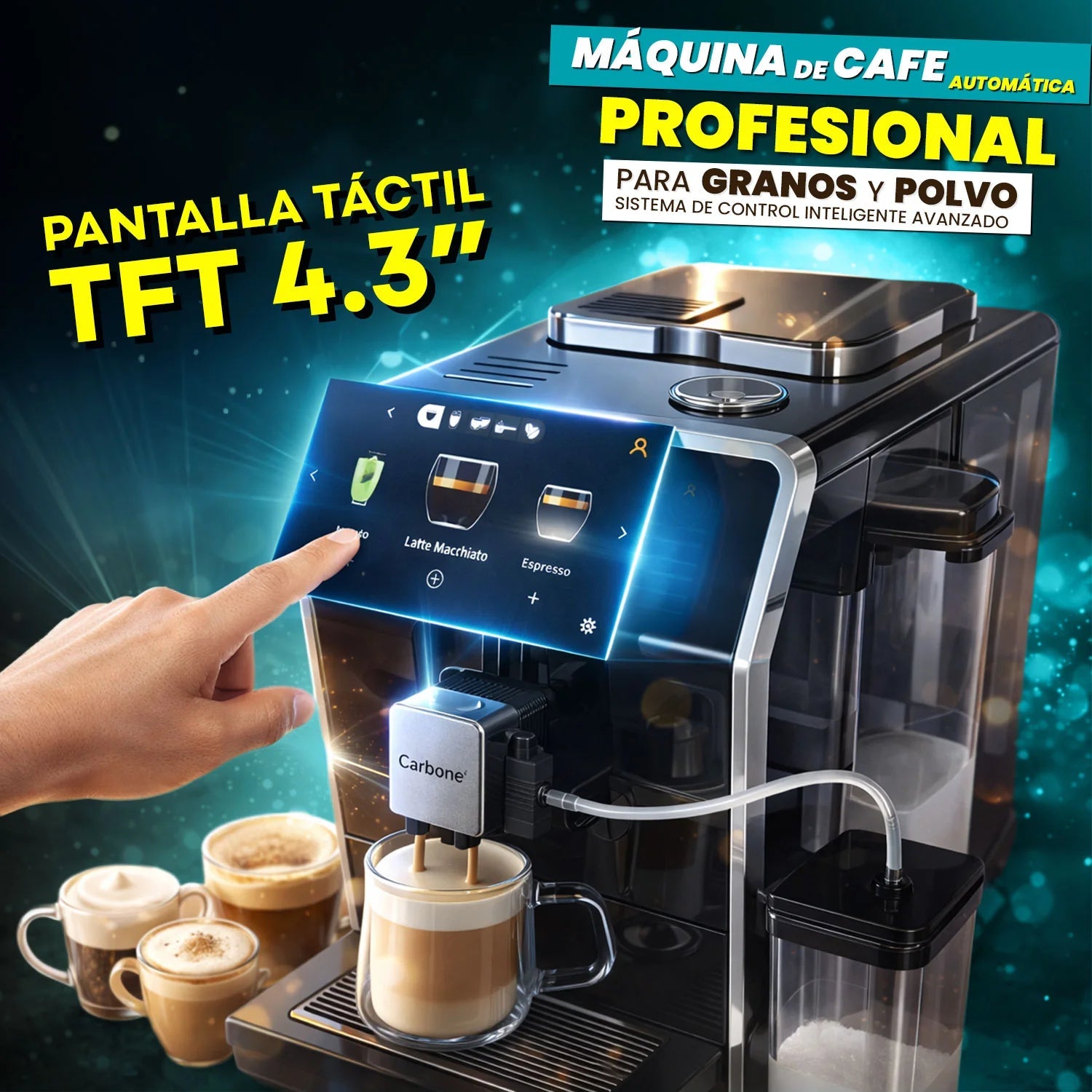 Máquina De Cafe Automática Profesional Granos Y Polvo Sistema De Control Inteligente Avanzado 20 Bar Pantalla Táctil Joystick Espresso Capuchino Latte Cortado Macchiato CML002 CARBONE