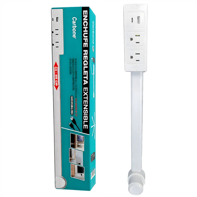 Enchufe Regleta Extensible De 43 A 68 Cm. Con Puerto USB Y Tipo-C. UN-A194