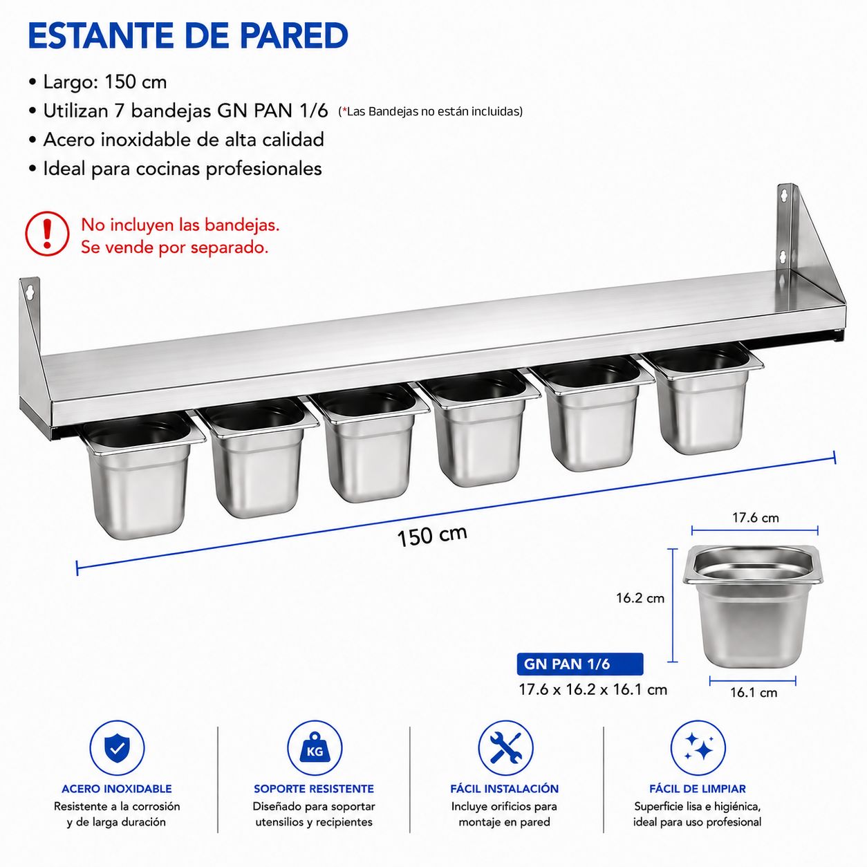 Repisa de Pared con Porta Bandejas GN PAN 1/6 de Acero Inoxidable | Organizador para Cocina Comercial | 150cm | No Incluyen las Bandejas| 330806