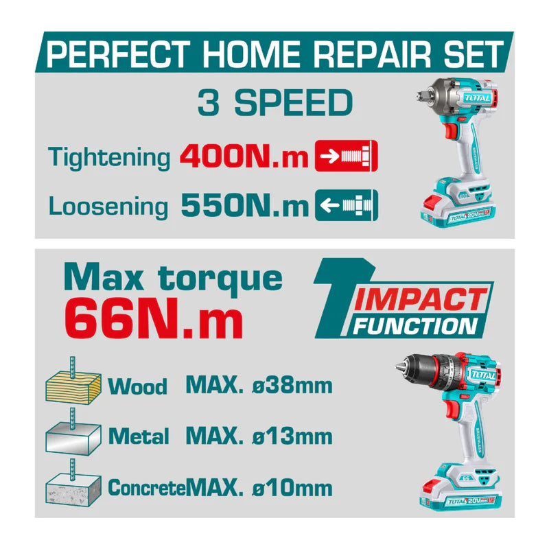 Combo Total 20V Taladro Impacto Y Llave De Impacto 20V Inalámbricas Poderosas Y Potentes Con Batería Y Cargador. COMBOS POCAS UNIDADES UTCKLI20275 TOTAL
