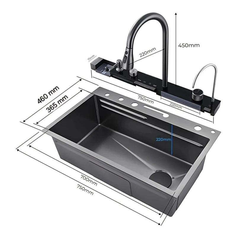 Fregador De Cocina Multifunción Nano Black Piano Switch 750X460x220mm Negro Plomo Fregadores Tinas De Cocina IBK-01 CARBONE