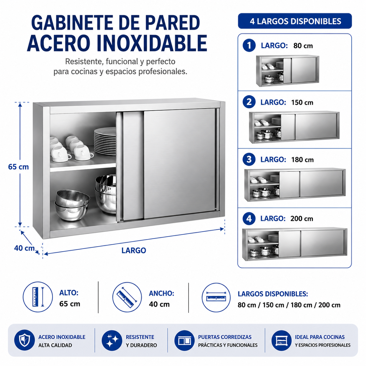 (LLEGANDO 14 DE AGOSTO) Gabinete de Pared de Acero Inoxidable con Puertas Corredizas | 4 Tamaños Disponibles | 80cm (340402D) / 150cm (340406D) / 180cm (340408D) / 200cm (340409D)