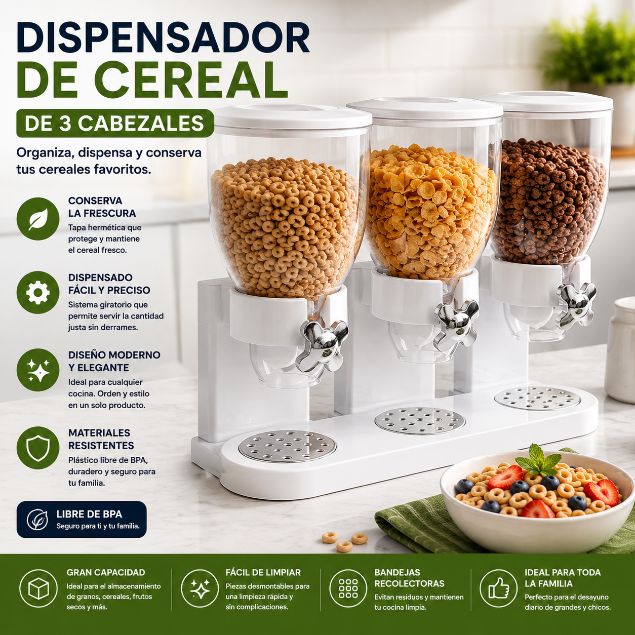 Dispensador de Cereales o Granos de 3 Cabezales 6L 41605
