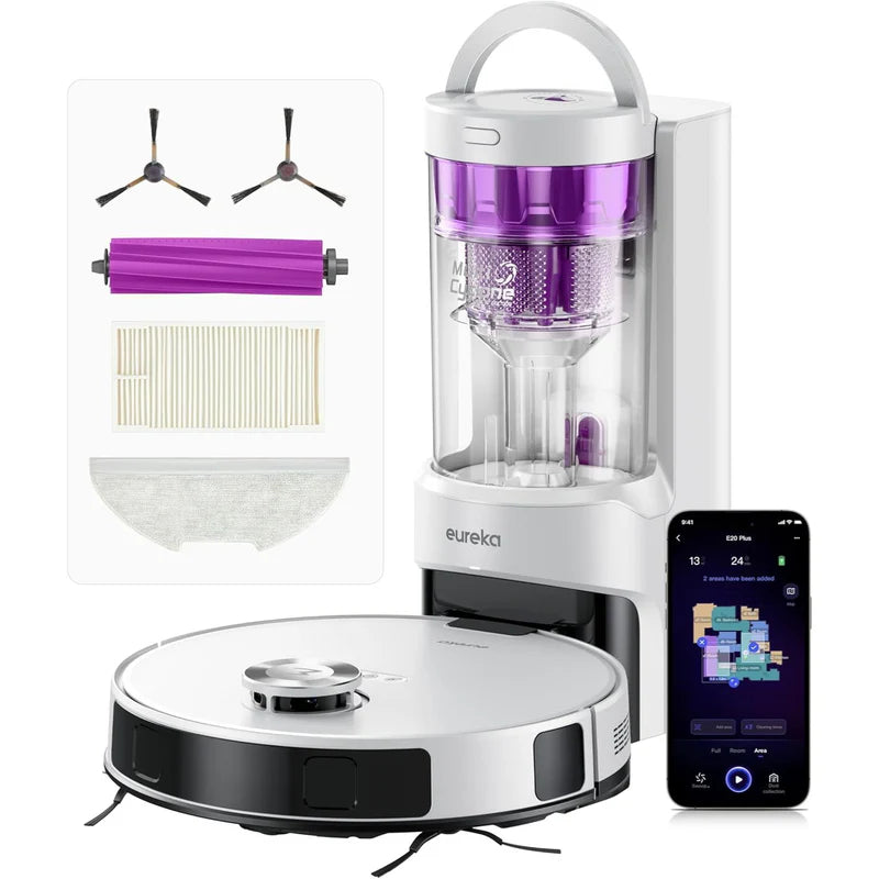 Robot Aspirador Eureka E20 Plus Blanco 8000Pa Con Estación Automática Sin Bolsa, Trapeador Y Mapeo IA 3D, Apto Para Mascotas Corte Pelo Automático AN66-E20S