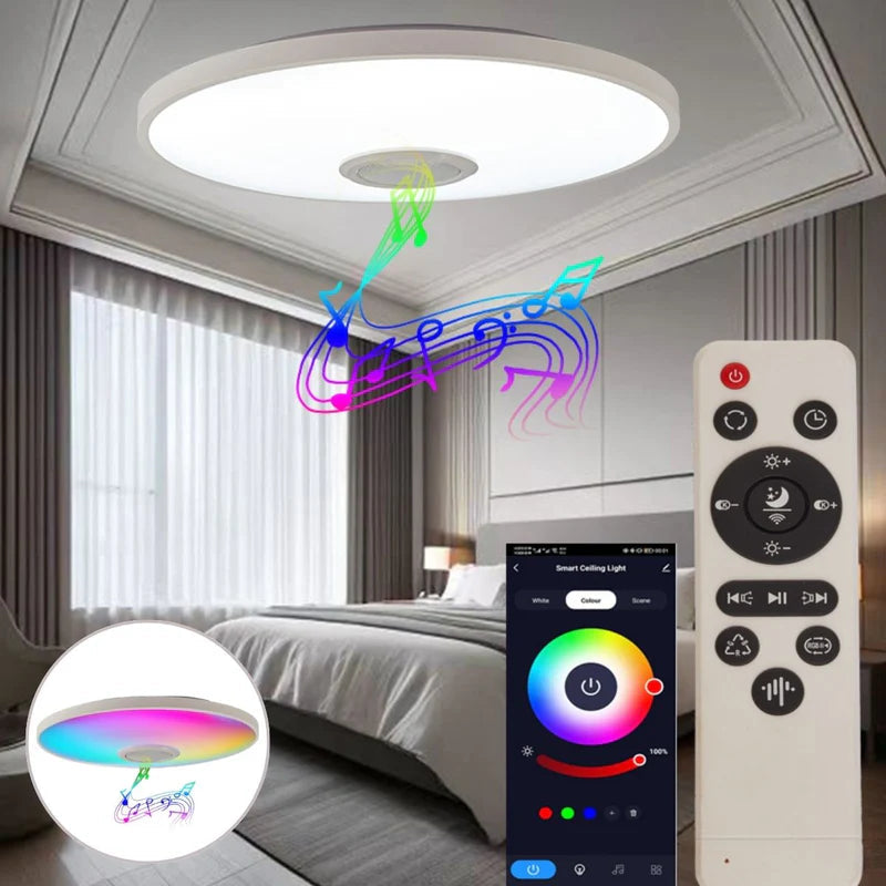 Lámpara De Techo Led Inteligente RGB Con Bocina Wifi Bluetooth Con Control Remoto Y App Tuya 36W 11.8” (30Cm). Cobertura 5-10M². TU585 Selecto