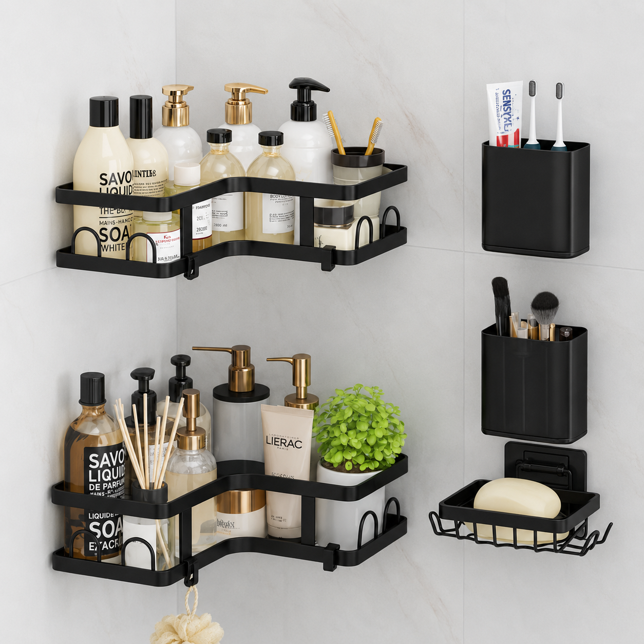 Organizador De Baño Esquinero Doble De Acero Inoxidable. Set De Repisas De Ducha Con Ganchos Adhesivos Sin Perforación (5 Unds). Incluye Ganchos Y 2 Porta Cepillos Y 1 Jabonera. Color Negro UN-X056