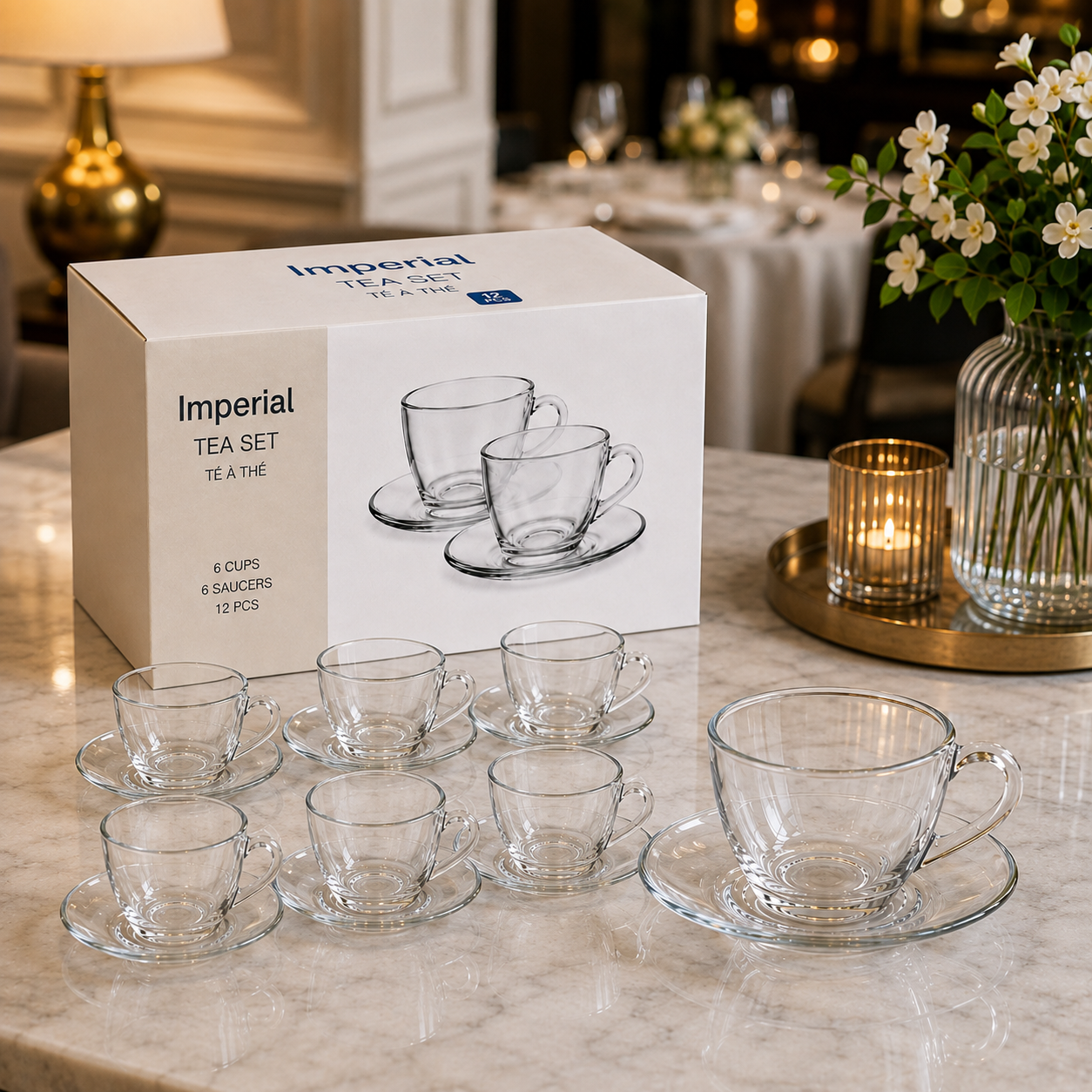 (LLEGANDO 7 DE AGOSTO) Set de Tazas de Té o Café de Vidrio con Platos 12 Piezas | 6 Tazas + 6 Platos | CS-801-12-2GB