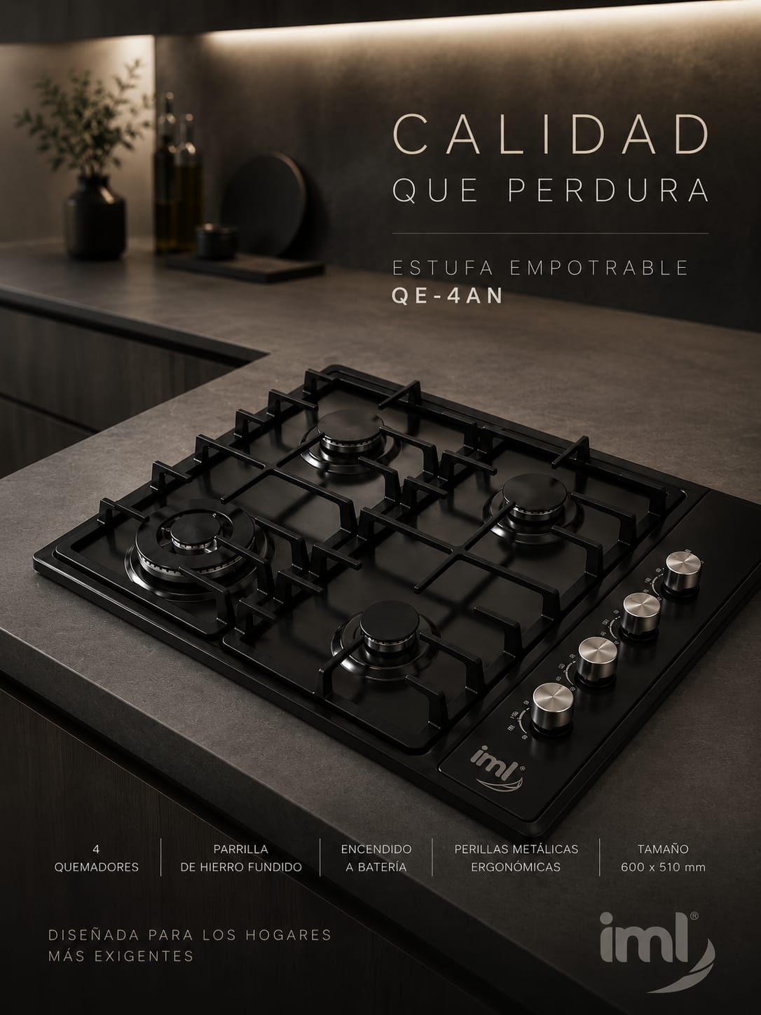 Estufa Empotrable a Gas de 4 Quemadores en Acero Inoxidable Negro 60x51cm IML QE-4AN