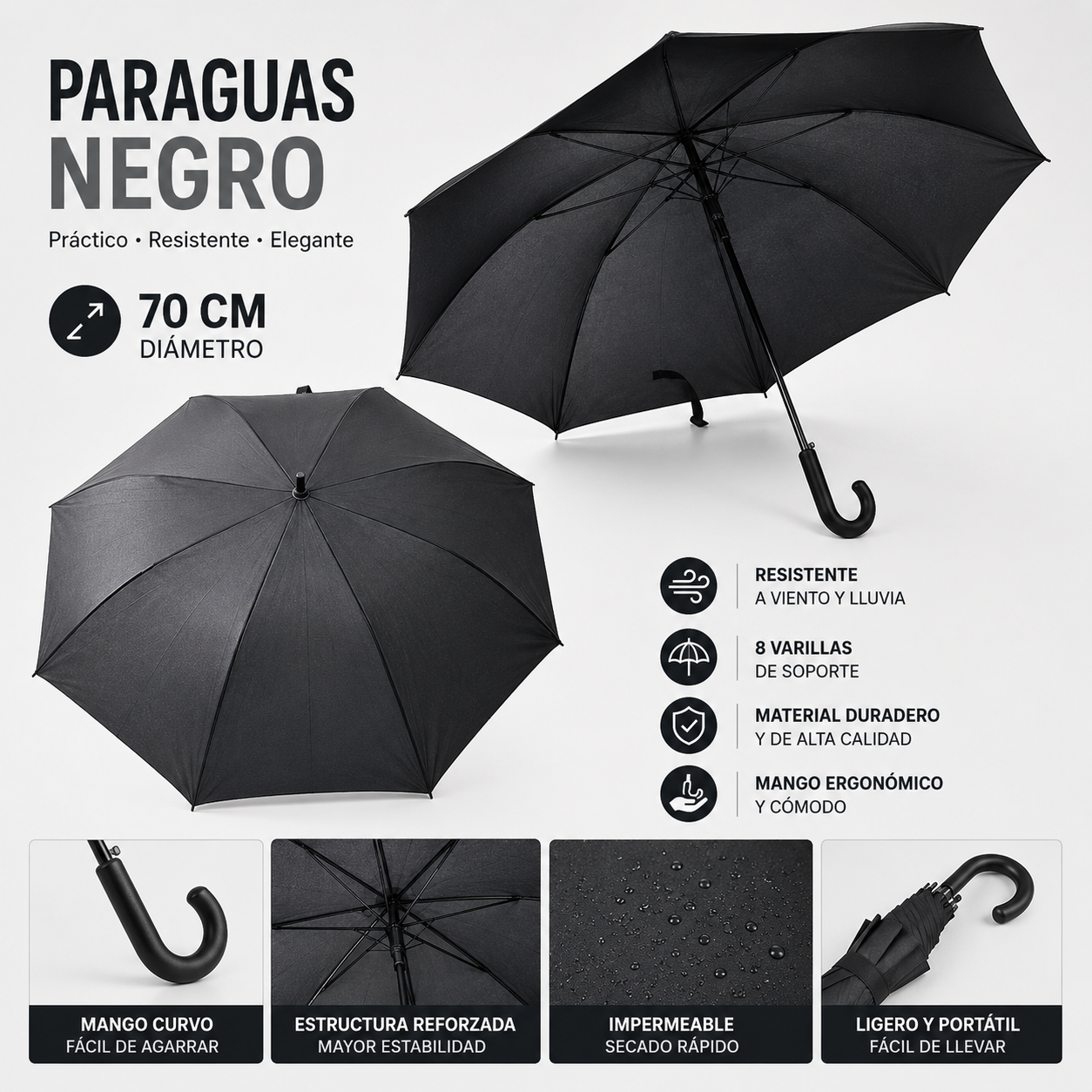 (LLEGANDO 3 DE JULIO) Paraguas Negro de 70 cm | Resistente al Agua con Apertura Manual y Mango Curvo 84734