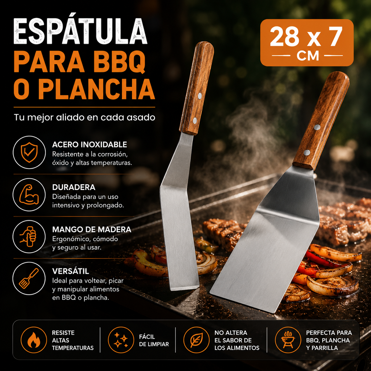 Espátula Angulada de Acero Inoxidable 28x7cm con Mango de Madera para Cocina 85980