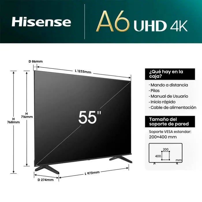 Televisor 55" LED Smart TV UHD 4K VIDAA Serie A6N Hisense 55A6NV Televisión. HISENSE