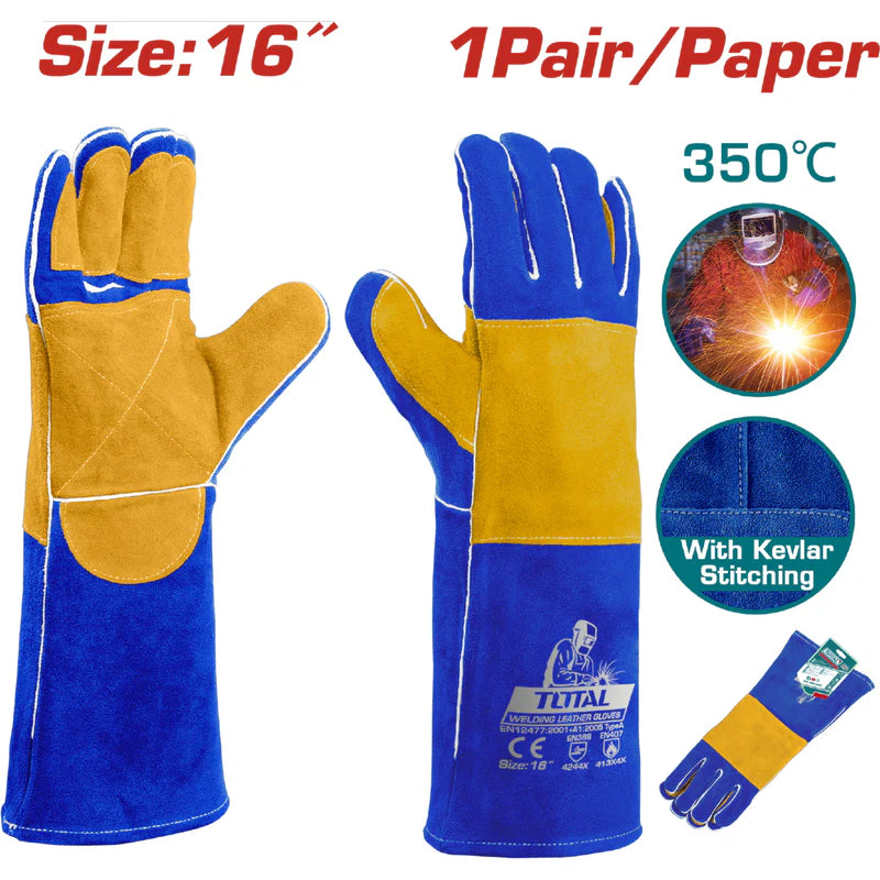 Guantes Para Soldar 350°. Talla 16" Alta Temperatura. Cuero De Vaca. Tejido En Kevlar. (Par) Total TSP15216 TOTAL