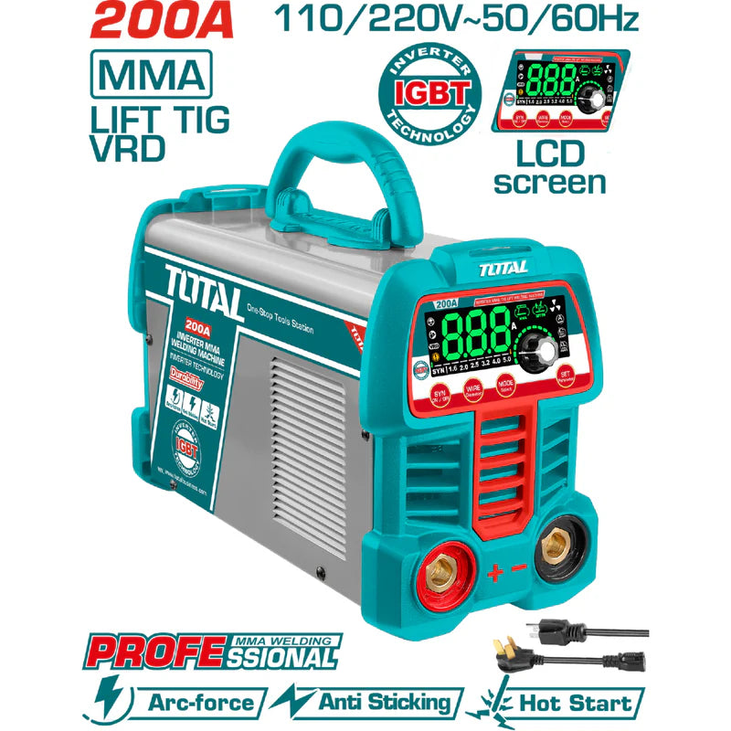 Máquina De Soldar Inverter Heavy Duty Profesional 60% Ciclo De Trabajo 200A 110-120/220-240V Soldadura Total UTW2200691 TOTAL