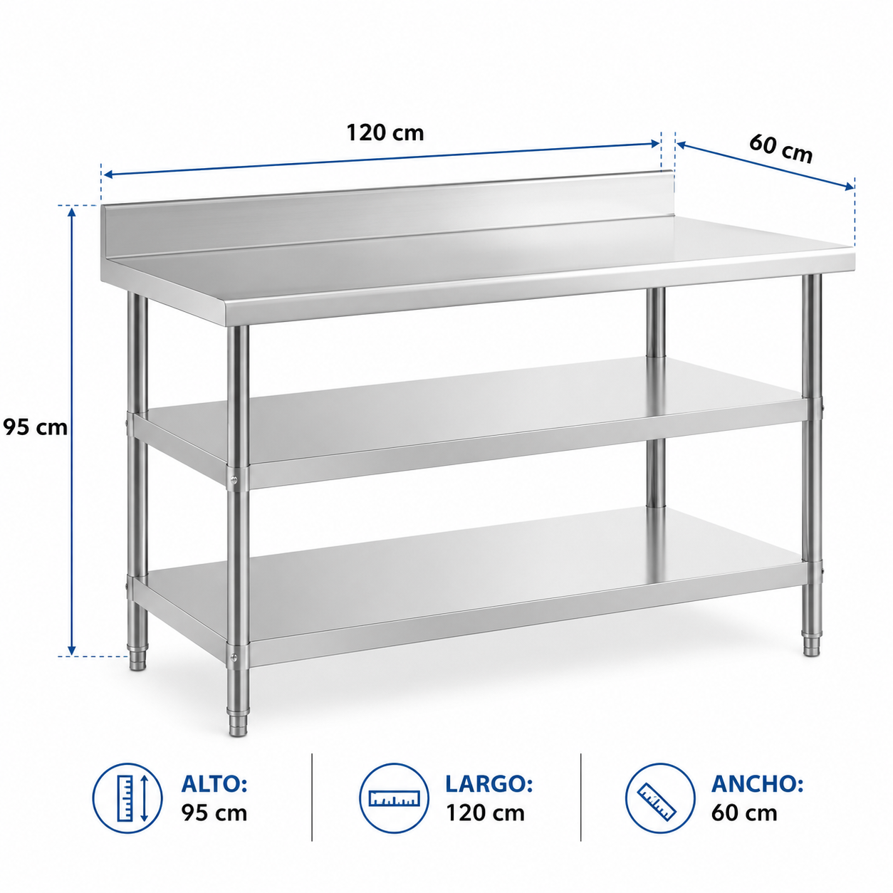 (LLEGANDO 14 DE AGOSTO) Mesa de Trabajo de Acero Inoxidable con 2 Entrepaños | 120×60×95cm | Uso Comercial | HVB13504-T