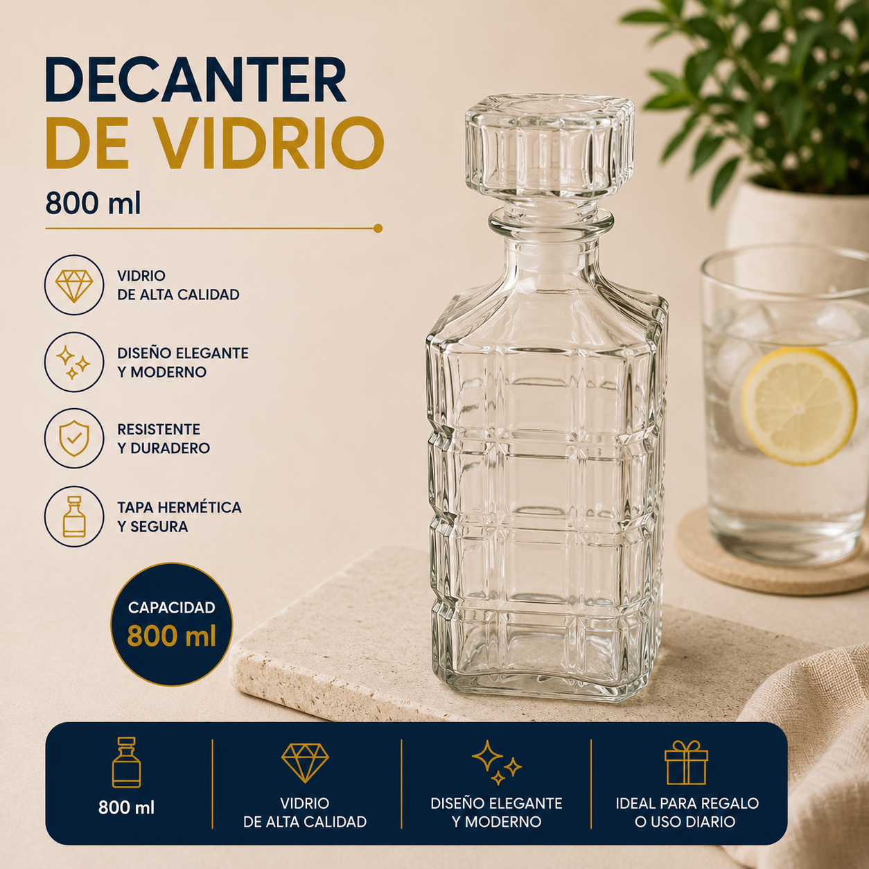 Botella Decantadora de Vidrio para Whisky 800ml | 752-05530