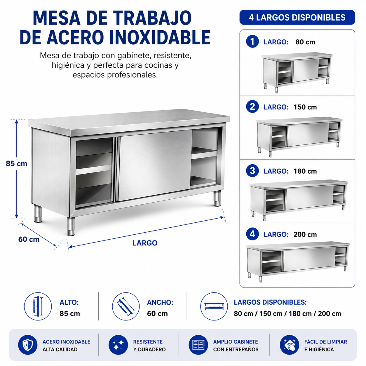 (LLEGANDO 14 DE AGOSTO) Mesa de Trabajo de Acero Inoxidable con Gabinete | 4 Tamaños Disponibles | 80cm (340100) / 150cm (340104) / 180cm (340106) / 200cm (340107)
